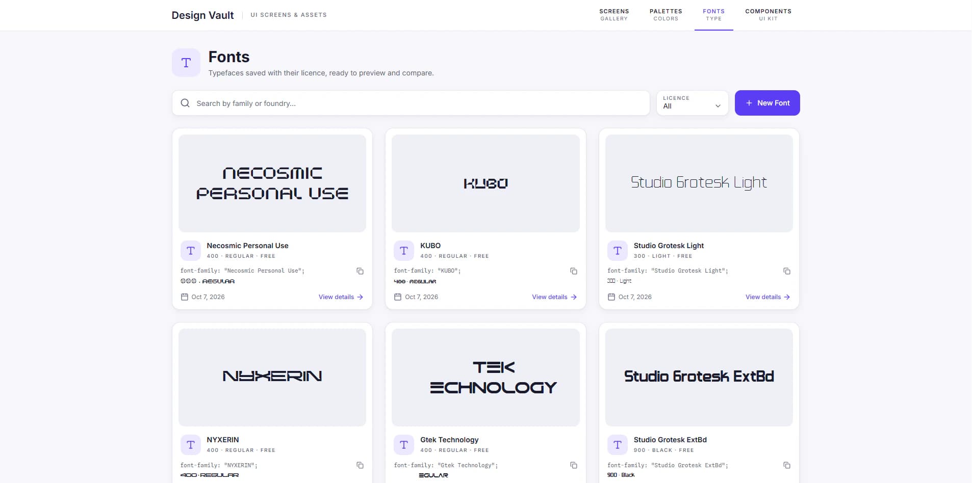 Design Vault's Fonts view, showing a grid of saved fonts, each card a preview of the typeface over its name.