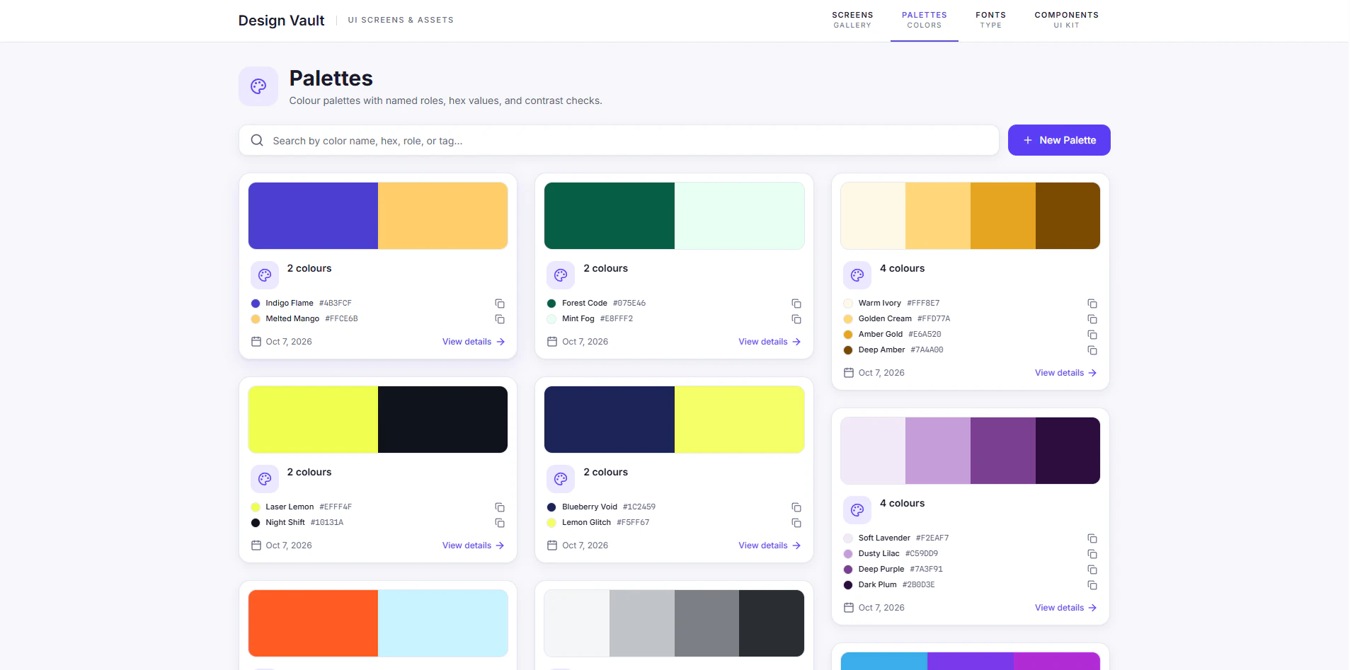 Design Vault's Palettes view, showing a grid of saved colour palettes, each card with its swatches and the colours' names.