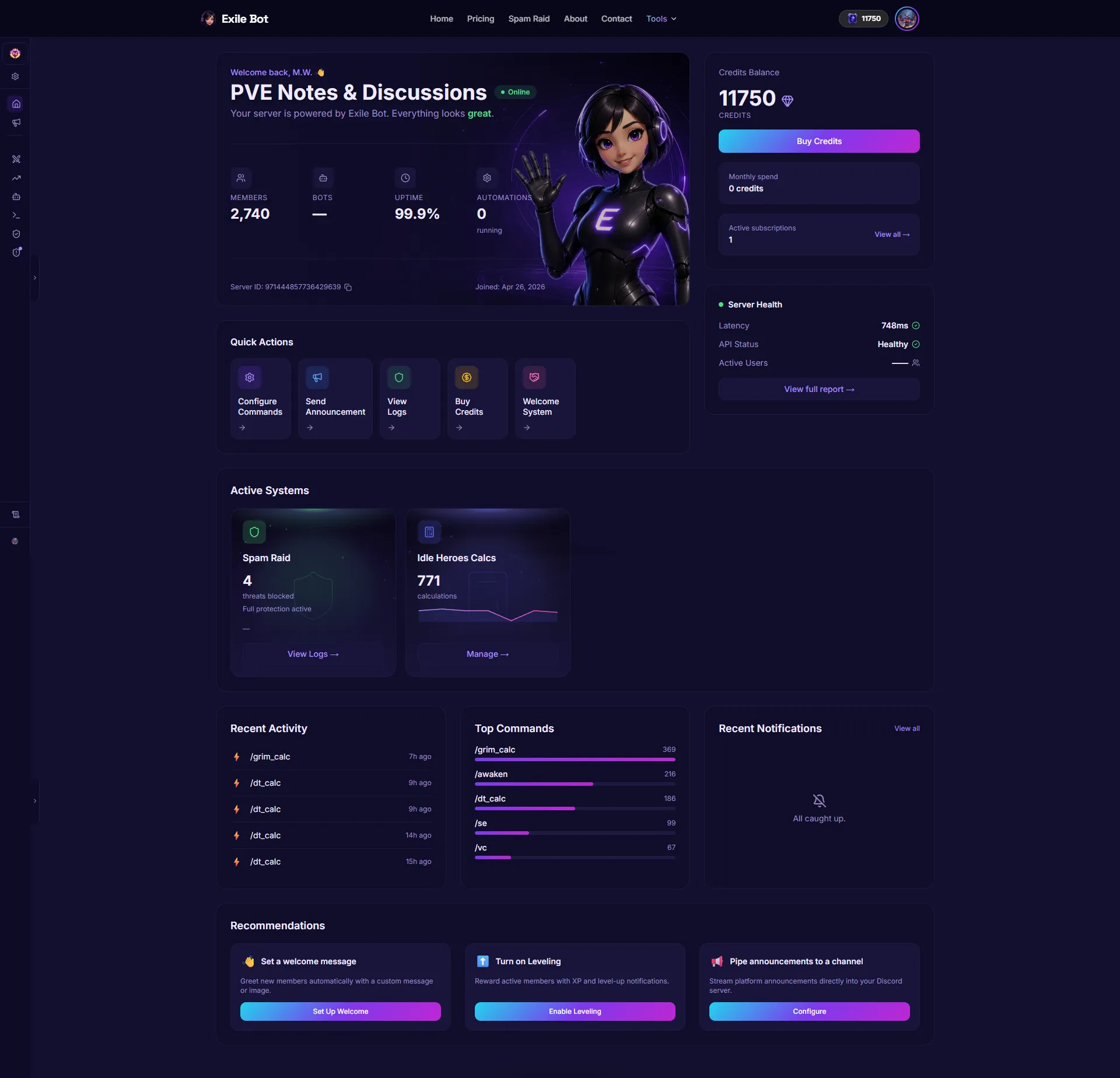 The Exile Bot owner dashboard's home view, showing which systems are running and the most used commands.