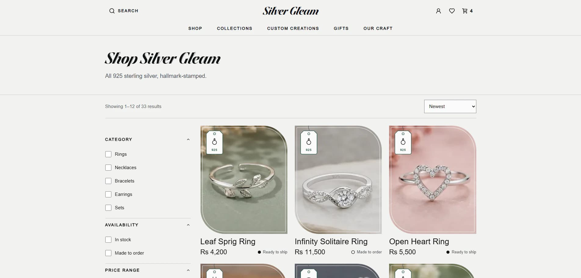 The demo's shop page, with filters for category, availability and price on the left and a grid of silver rings, each with its name, a sample price and whether it's ready to ship or made to order.